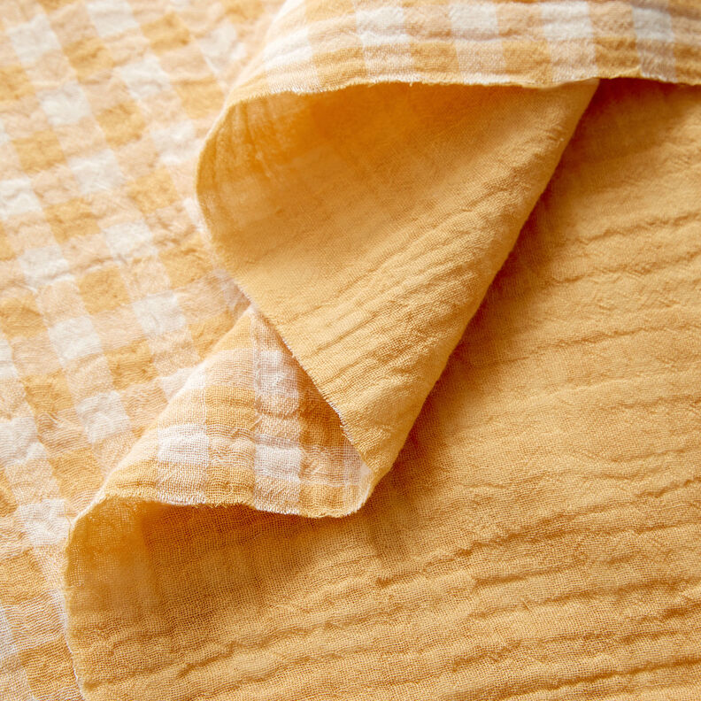 Double Gauze/Muslin Yarn dyed gingham – antique gold/white | Remnant 110cm,  image number 2