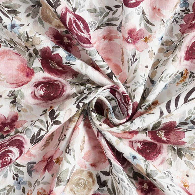 Double Gauze/Muslin Watercolour Roses Digital Print – white,  image number 4