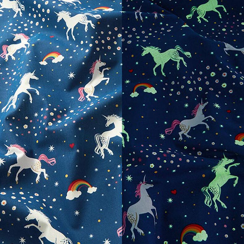 Decor Fabric Glow in the dark dancing unicorns – ocean blue/pink,  image number 3