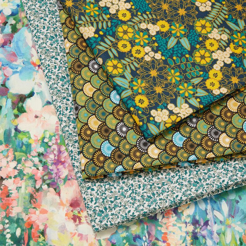 Cotton Cretonne numerous flowers – petrol/white,  image number 5