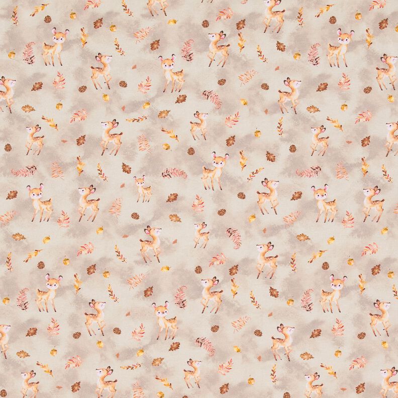 Cotton Jersey contented deer in autumn leaves Digital Print  – natural,  image number 1