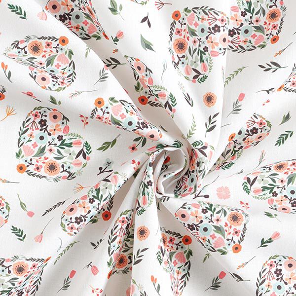 Cotton fabric Percale Flowers in hearts – white/pink,  image number 3