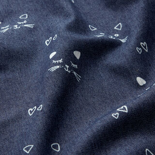 Stretch Denim Cats and hearts – navy blue, 