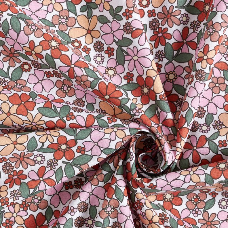 Cotton Cretonne small retro flowers – white/pink, image number 3