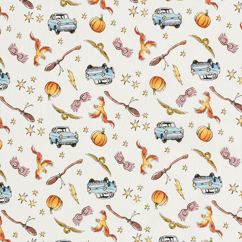 Cotton Poplin Licensed Fabric Harry Potter Snitch, Fawkes and Firebolt | Warner Bros. – offwhite,  image number 1
