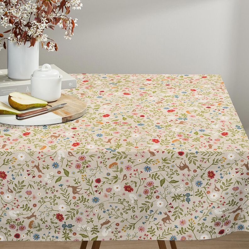 Decor Fabric Half Panama forest animals and flowers – natural/green,  image number 8