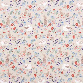 Cotton Poplin animals in a flower meadow – natural/fire red, 