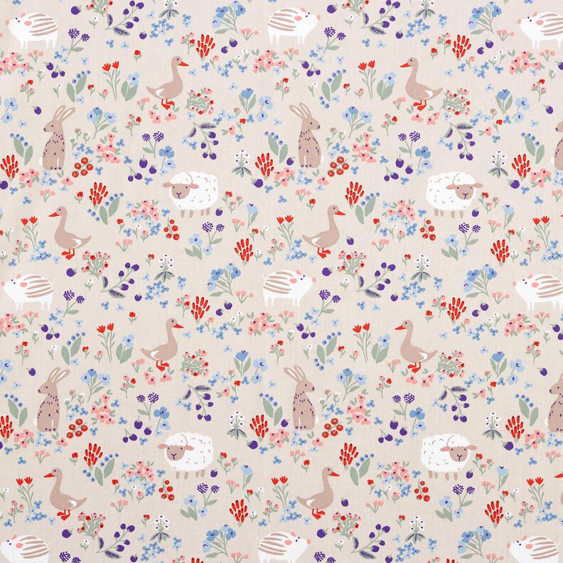 Cotton Poplin animals in a flower meadow – natural/fire red,  image number 1