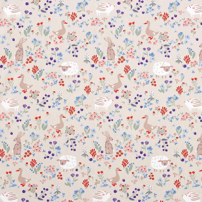 Cotton Poplin animals in a flower meadow – natural/fire red, image number 1