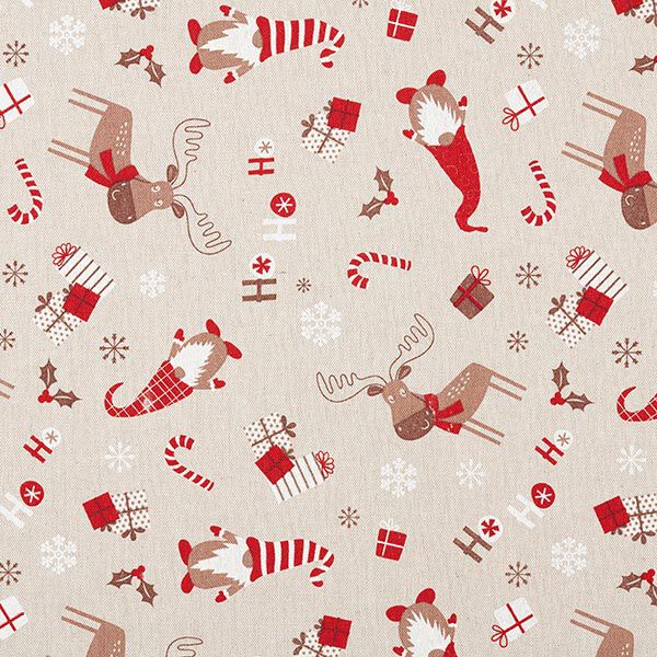 Decor Fabric Half Panama Elves and Reindeer – beige/red,  image number 1