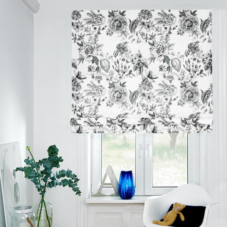 Decor Fabric Half Panama picturesque flowers – white/black,  image number 6
