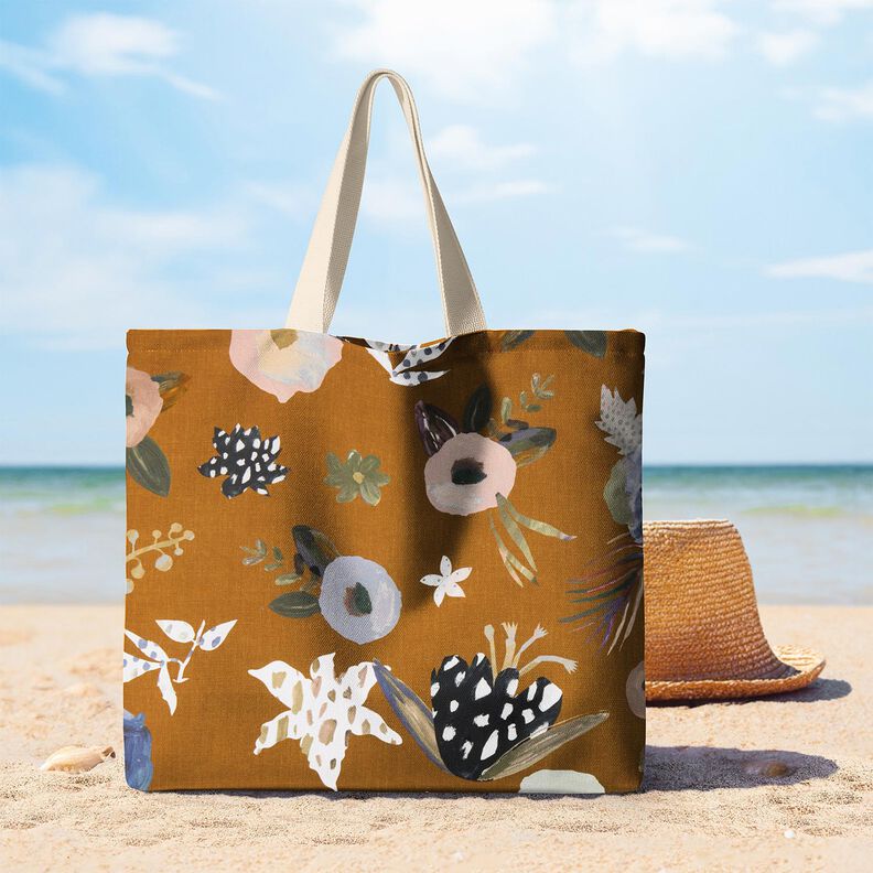 Decor Fabric Half Panama large retro flowers – caramel/light khaki, image number 8