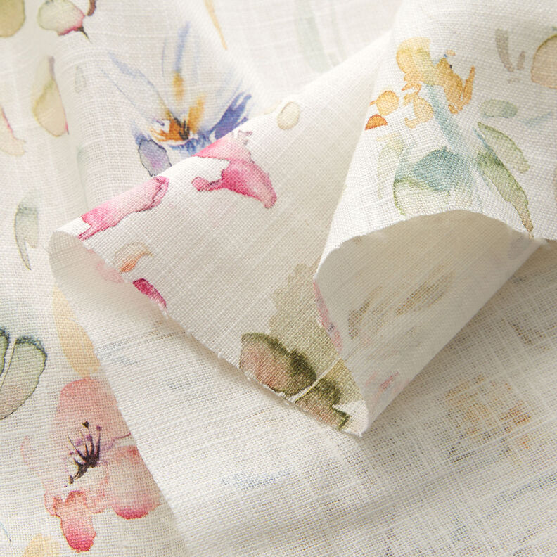 Watercolour flowers linen cotton blend – white,  image number 3