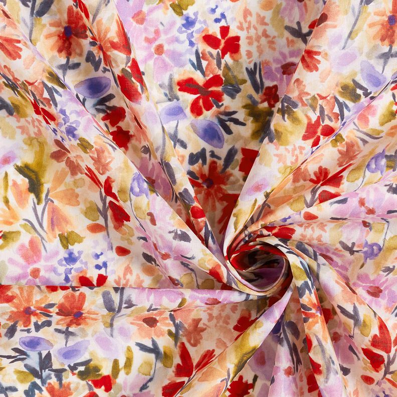 Watercolour flower meadow digital print cotton voile – ivory/red,  image number 3