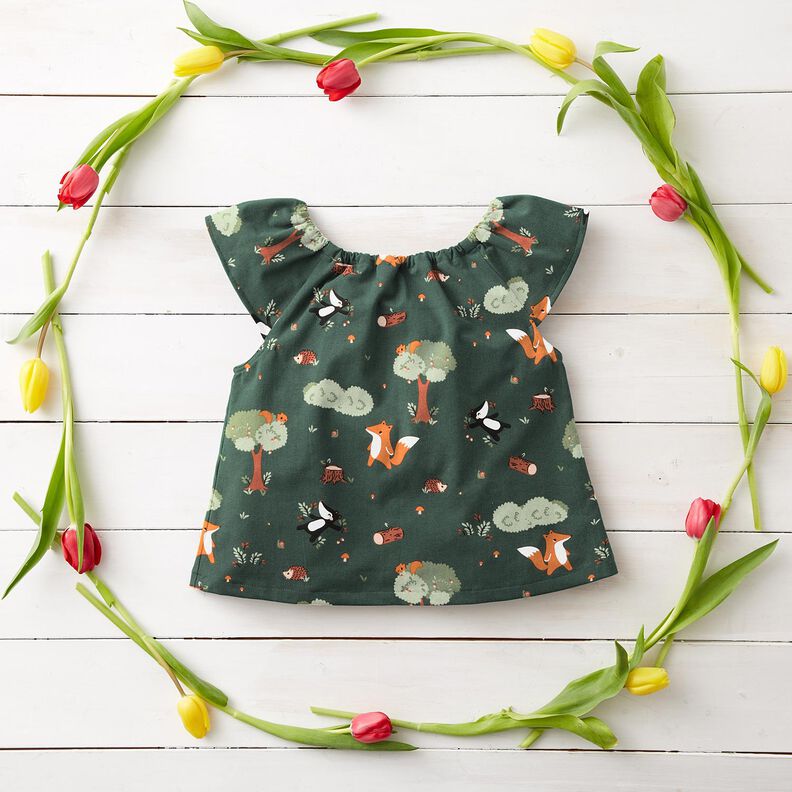 Cotton Poplin Happy Woodland Animals – dark green/peach orange,  image number 6