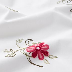 Cotton Poplin Embroidered bouquets – white/berry, 
