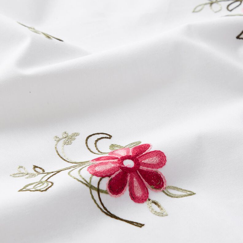 Cotton Poplin Embroidered bouquets – white/berry,  image number 2
