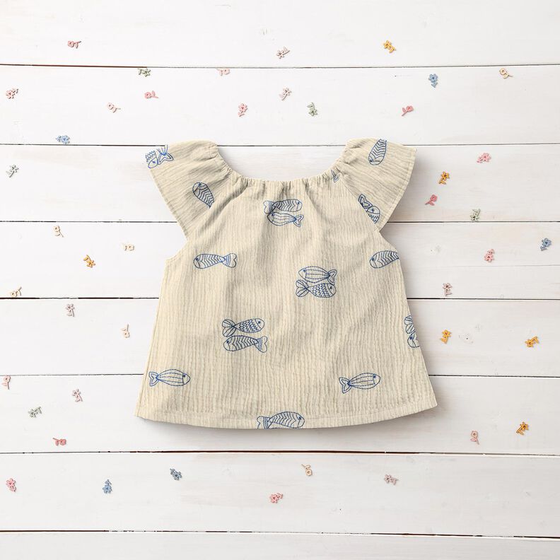 Double Gauze/Muslin embroidered fish | Poppy Fabrics – offwhite/royal blue,  image number 8