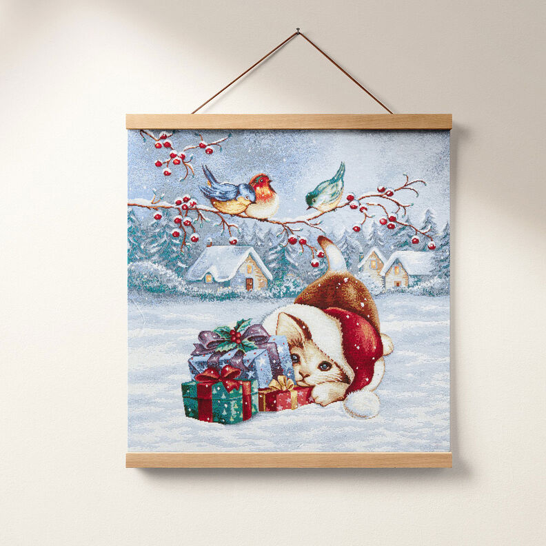 Decorative Panel Tapestry Fabric Cat with Gifts – light blue/carmine, image number 6