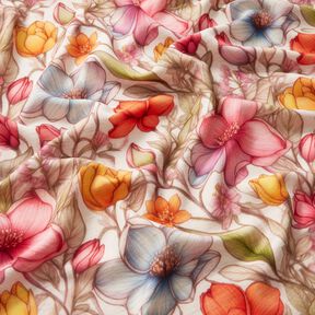 Viscose Linen Blend Flowers and climbing roses – natural/fire red, 