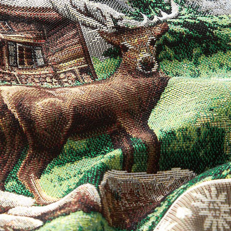 Decorative Panel Tapestry Fabric Deer and Mountain Hut – brown/green,  image number 2