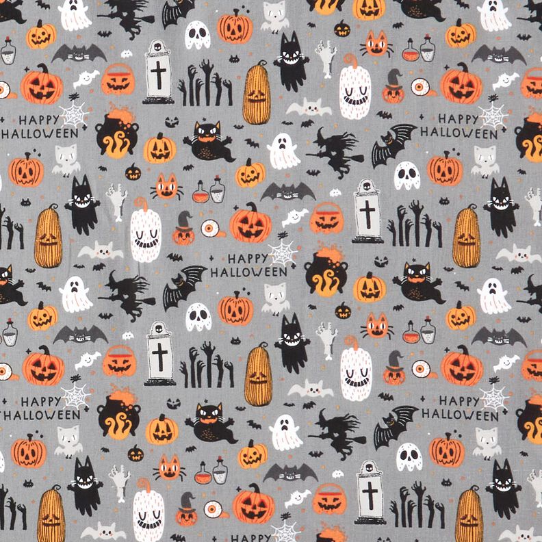 Cotton Poplin Happy Halloween – elephant grey/light orange,  image number 1
