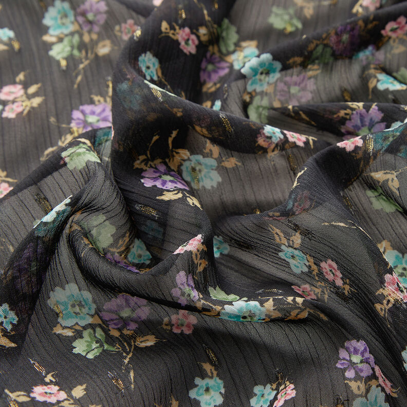 Crêpe Chiffon Dobby & Flowers – black/light blue, image number 2