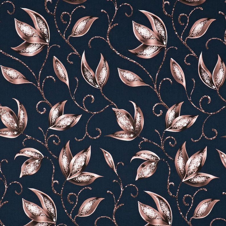 Cotton Jersey sparkling leaves | Glitzerpüppi – midnight blue/dark dusky pink,  image number 1