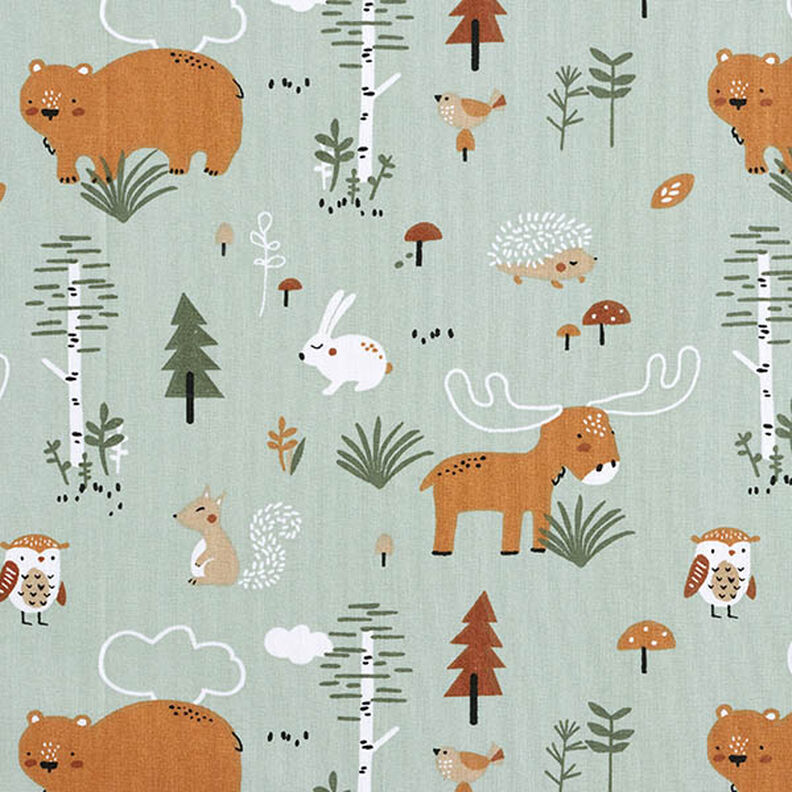 Cotton Poplin animals in the wood – pastel green,  image number 1