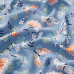 viscose fabric Flowers and Butterflies – light wash denim blue/light pink, 
