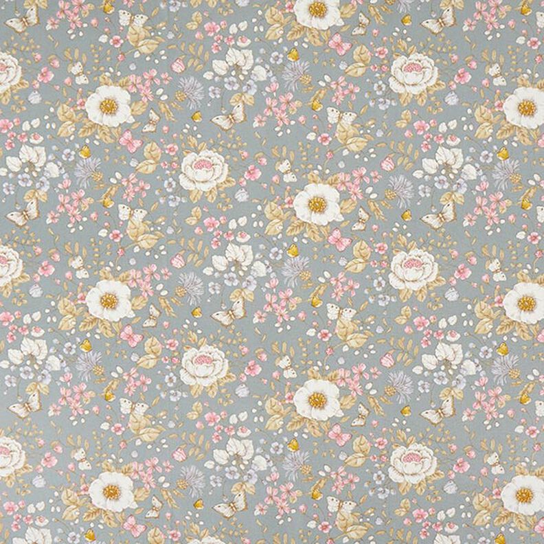Decor Fabric Half Panama Flower Garden – dove blue/pink,  image number 1