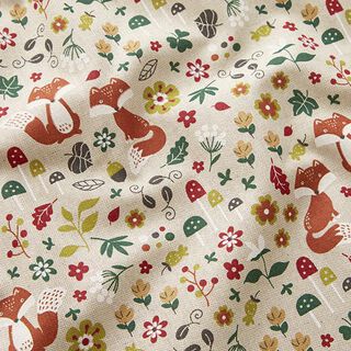 Decor Fabric Half Panama Foxes and Mushrooms – dark green/natural, 