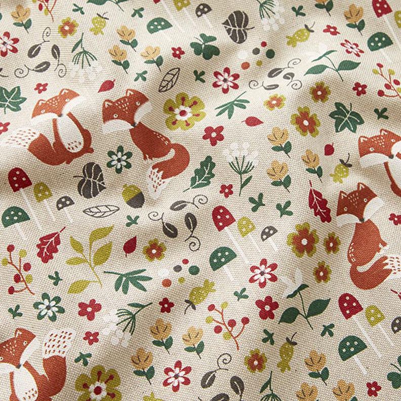 Decor Fabric Half Panama Foxes and Mushrooms – dark green/natural,  image number 2
