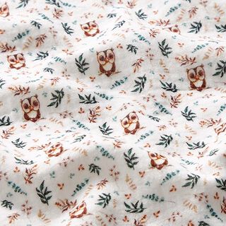 Double Gauze/Muslin Owl on the branch Digital Print – white, 