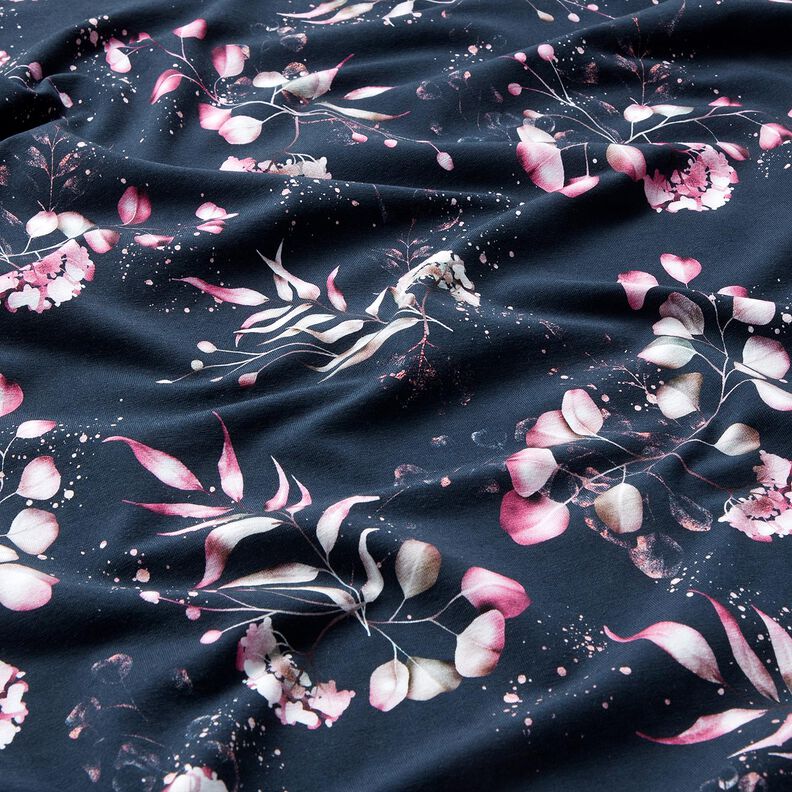 Cotton Jersey Eucalyptus and hydrangeas | Glitzerpüppi – midnight blue/pink,  image number 2