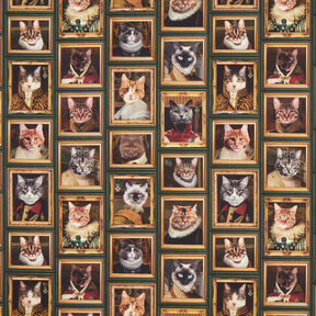 Decor Fabric Half Panama Cat portraits – dark green/gold, 