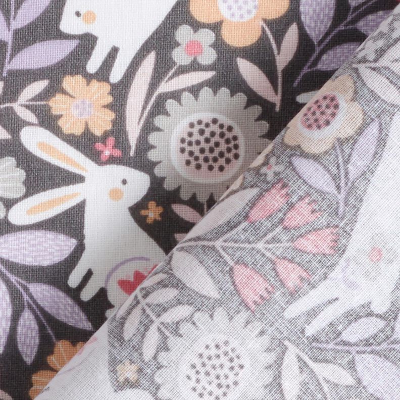 Cotton Poplin Rabbits in the flower meadow – dark grey,  image number 4