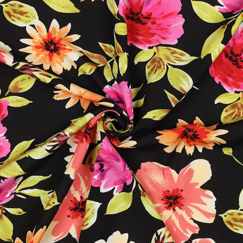 viscose fabric large flowers digital print – black/purple,  image number 3