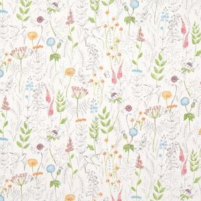 Decor Fabric Half Panama sketched wildflowers – white/pink, 