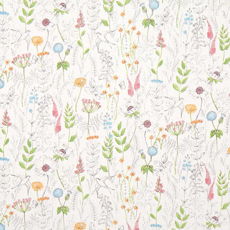 Decor Fabric Half Panama sketched wildflowers – white/pink,  image number 1