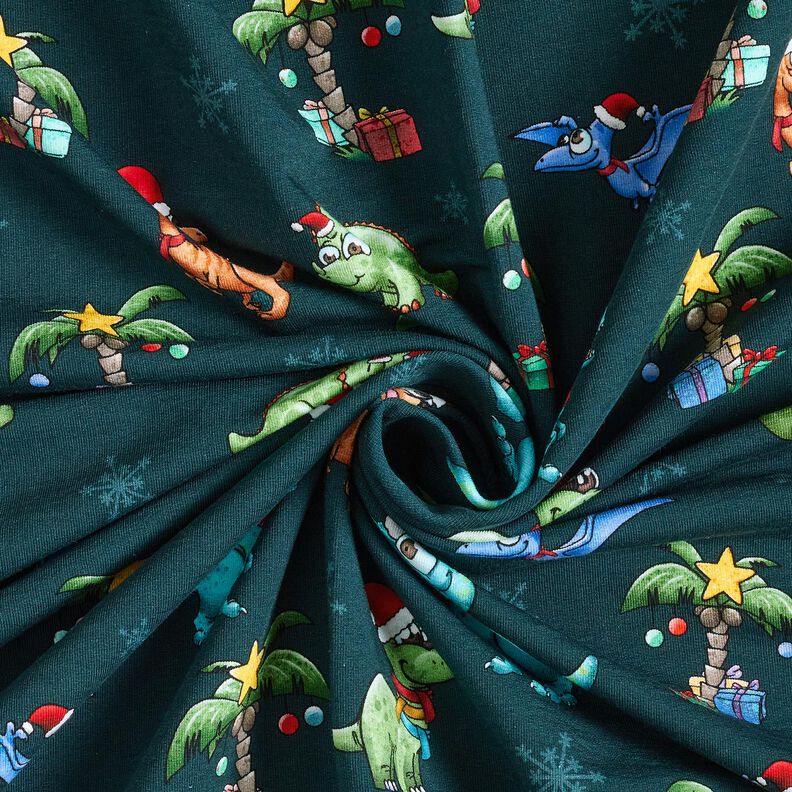 French Terry Christmas dinosaurs under palm trees | Glitzerpüppi – petrol/light green, image number 3