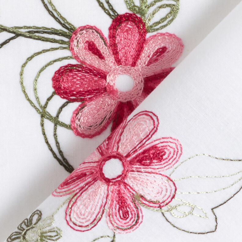 Cotton Poplin Embroidered bouquets – white/berry,  image number 4