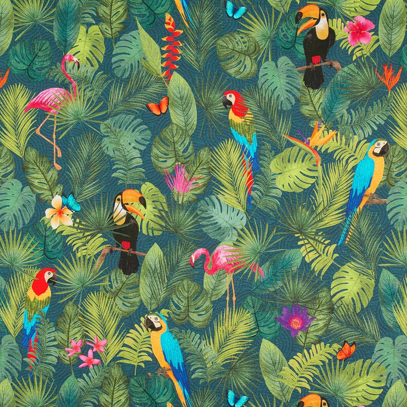 Decor Fabric Half Panama tropical birds – dark green/red,  image number 1