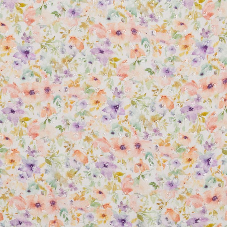 Watercolour sea of blooms digital print dobby viscose fabric – ivory/lavender,  image number 1