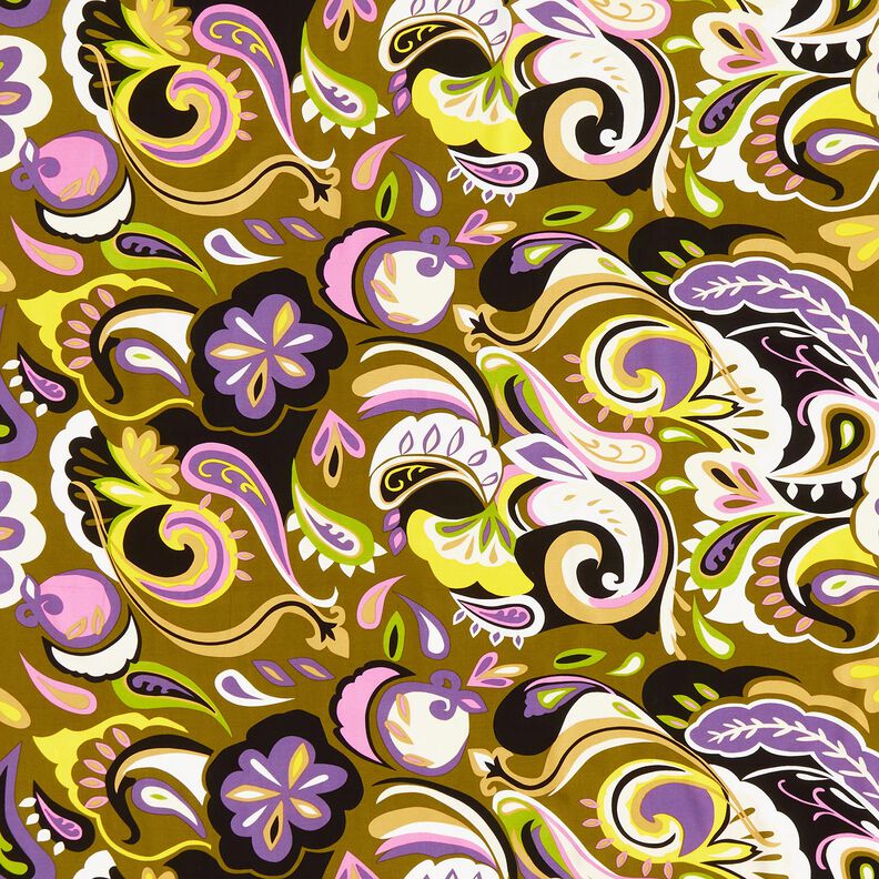viscose fabric Retro flowers – olive/lilac,  image number 1