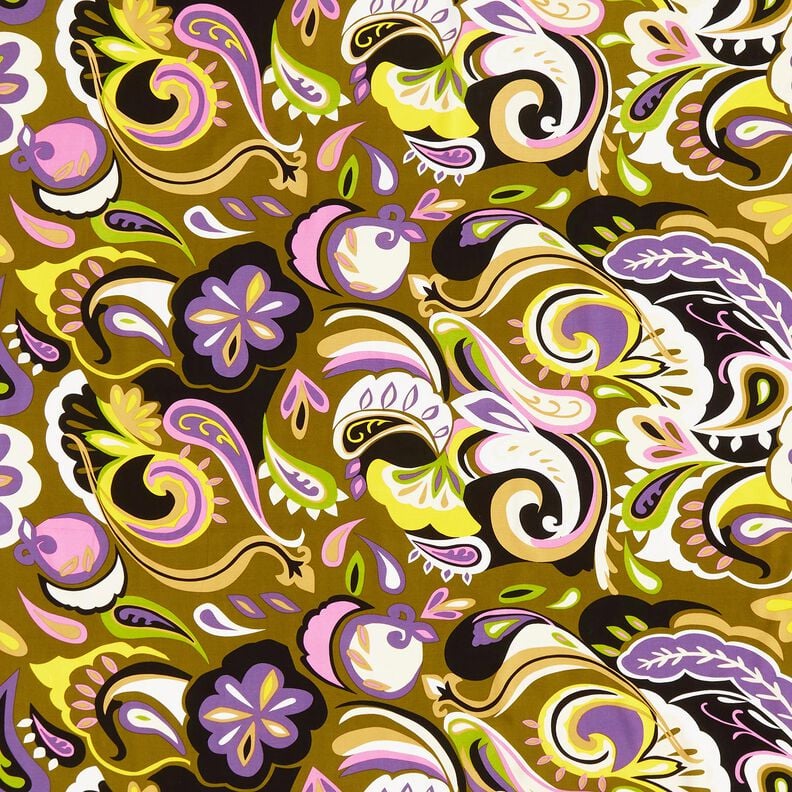 viscose fabric Retro flowers – olive/lilac, image number 1