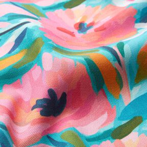 Decor Fabric Cotton Twill painted flowers  – pink/turquoise, 