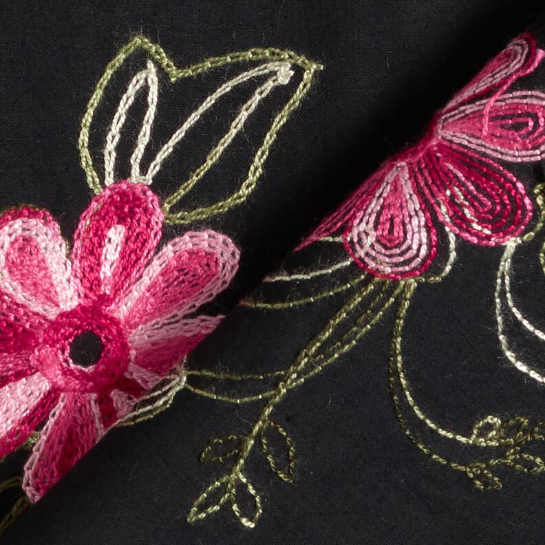 Cotton Poplin Embroidered bouquets – black/berry,  image number 4
