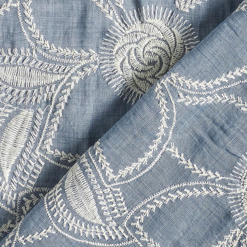 <h2>Cotton Fabric Floral Embroidery &ndash; Light Denim Blue Batiste with Off-White Stitching</h2>,  image number 4