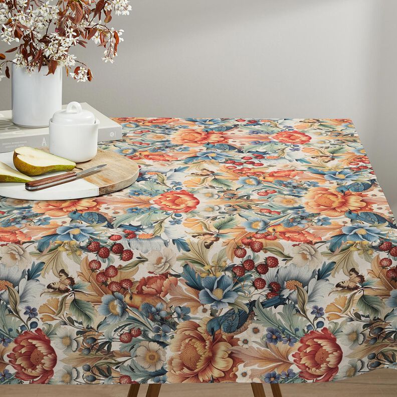 Decor Fabric Half Panama flowers and berries – natural/caramel,  image number 7